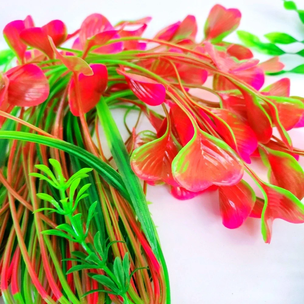Artificial Aquarium Plants Set  4 Psc Pink Green Fish Tank Decorations Weighted